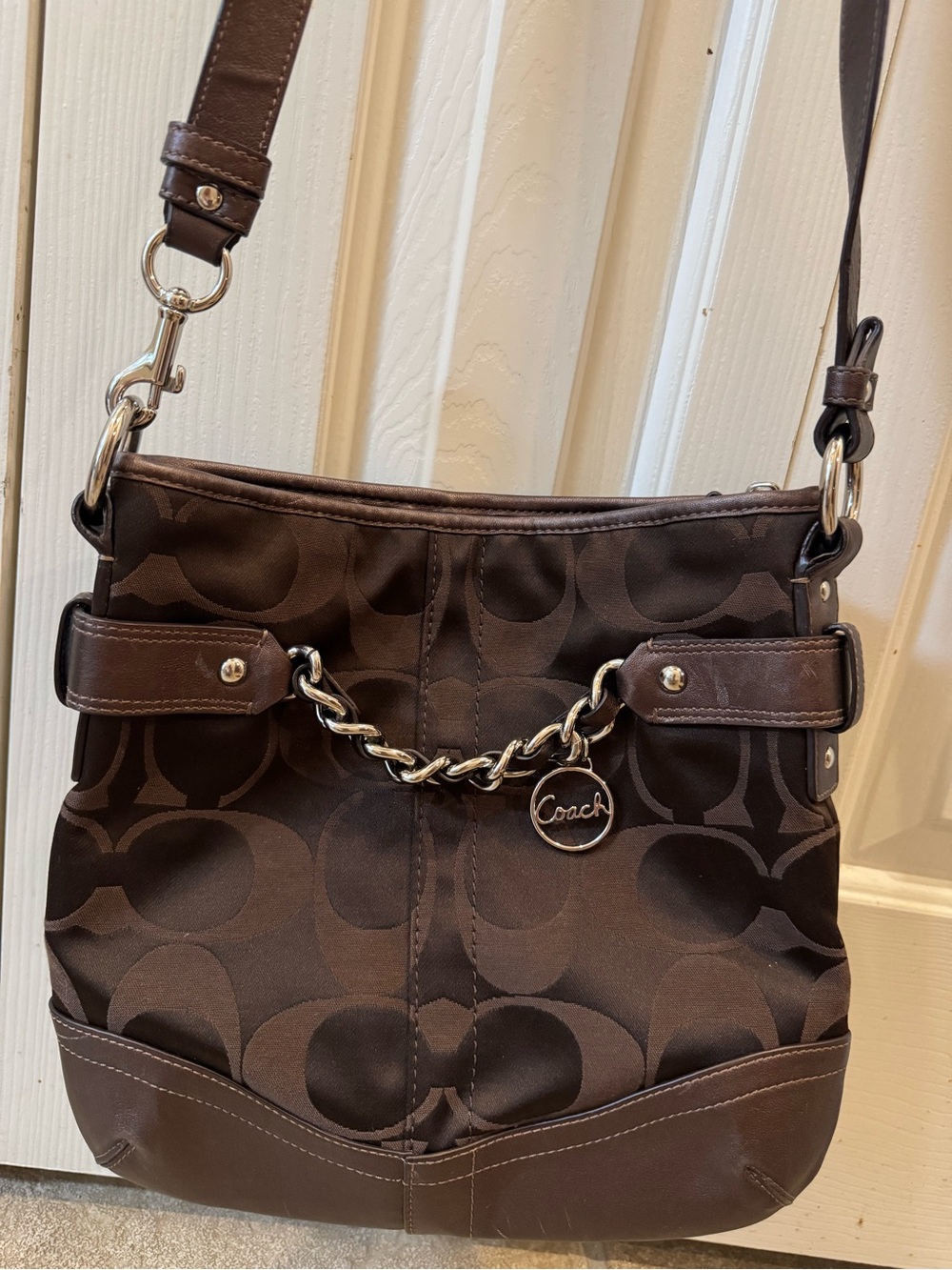 Coach Dark Brown Signature Crossbody with Chain Charm